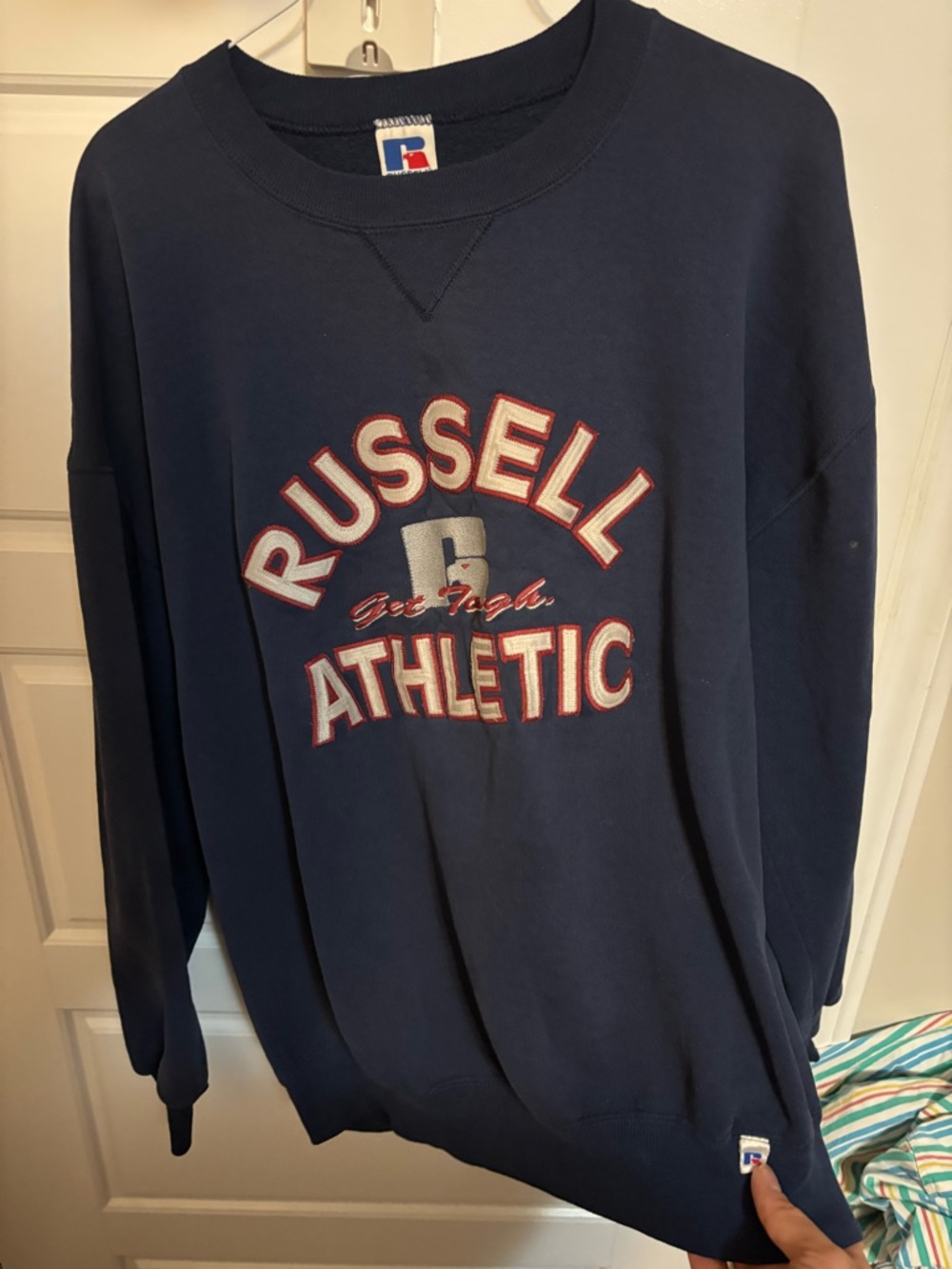Vintage USA made,Russell Athletic Navy Crewneck Sweatshirt with Red & White Logo